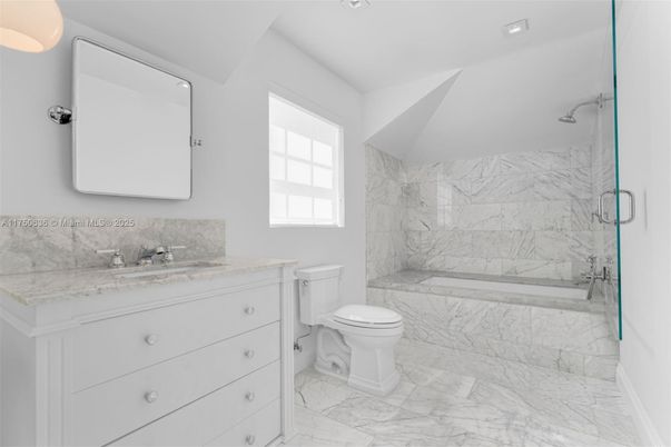 Bathroom, Glass Shower, Interior, Marble, Marble Walls, Recessed Lighting