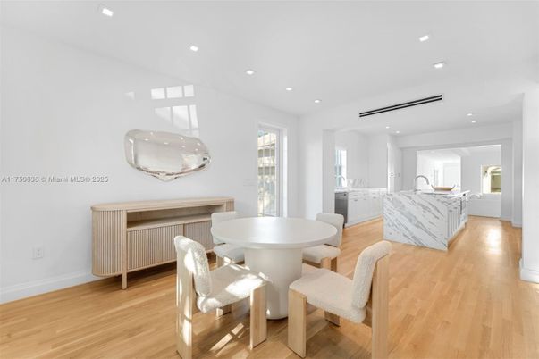 Dining room, Interior, Recessed Lighting, Wood Texture Flooring
