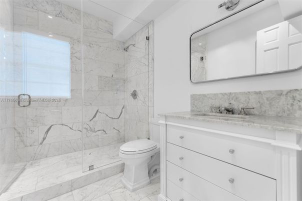 Bathroom, Glass Shower, Interior, Marble, Marble Walls, Recessed Lighting
