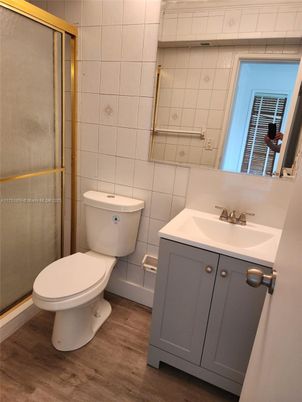 Bathroom, Glass Shower, Interior, Wood Texture Flooring