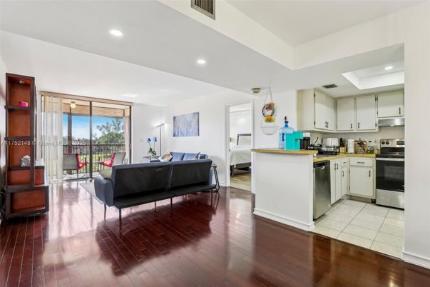 Interior, Kitchen, Living room, Recessed Lighting, Stainless Steel Appliances, Wood Texture Flooring