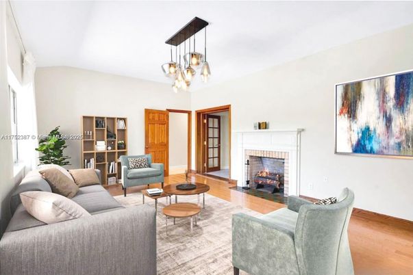 Fireplace, Interior, Living room, Pendant Lights, Wood Texture Flooring