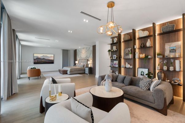 Interior, Living room, Marble Walls, Pendant Lights, Recessed Lighting, Wood Texture Flooring