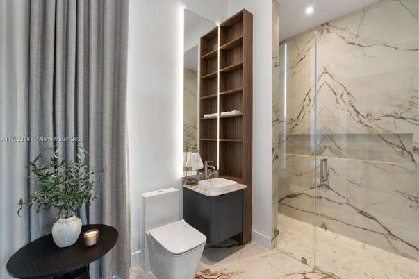 Bathroom, Glass Shower, Interior, Marble, Marble Walls, Recessed Lighting