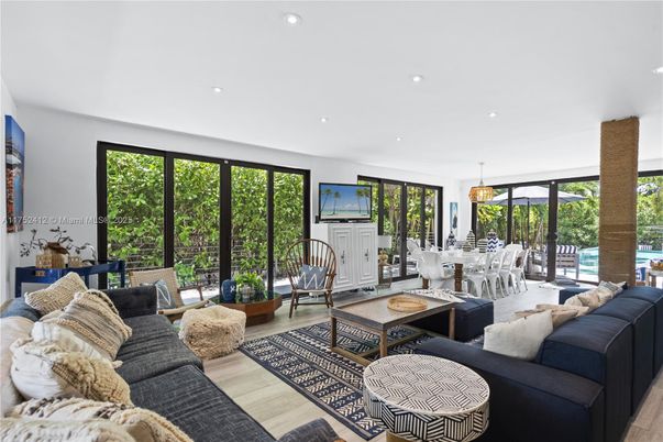 Dining room, Interior, Living room, Pendant Lights, Recessed Lighting, Wood Texture Flooring
