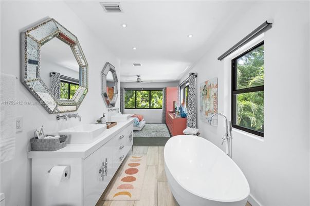 Bathroom, Dual Sink Vanities, Free Standing Baths, Interior, Recessed Lighting, Wood Texture Flooring