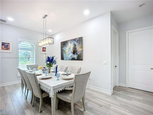 Dining room, Interior, Pendant Lights, Recessed Lighting, Wood Texture Flooring