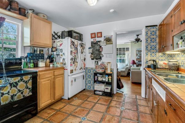Interior, Kitchen, Tile Countertops, Wood Texture Flooring