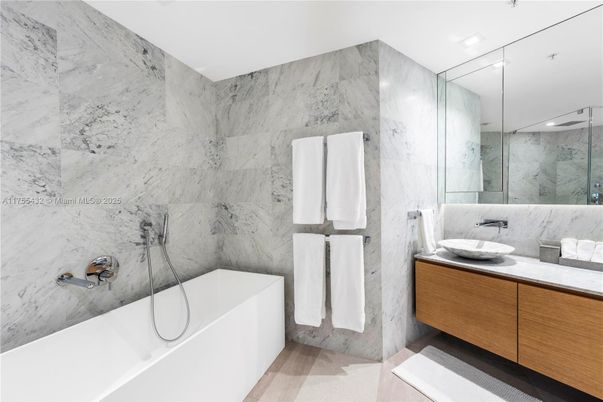 Bathroom, Dual Sink Vanities, Interior, Marble Walls, Recessed Lighting