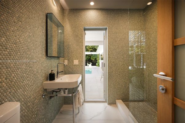 Bathroom, Glass Shower, Interior, Marble, Recessed Lighting