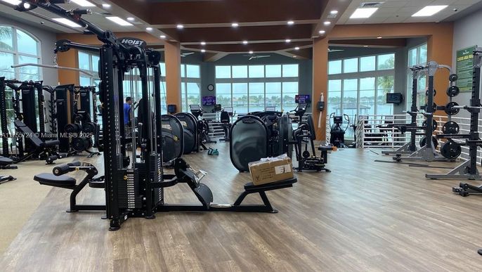 Fitness Equipment, Gym, Interior, Recessed Lighting, Wood Texture Flooring