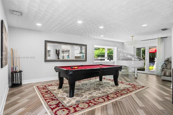 Billiard Table, Game Room, Interior, Piano, Recessed Lighting, Wood Texture Flooring
