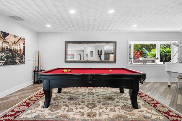 Billiard Table, Game Room, Interior, Recessed Lighting, Wood Texture Flooring
