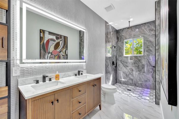Bathroom, Dual Sink Vanities, Glass Shower, Interior, Marble, Marble Walls