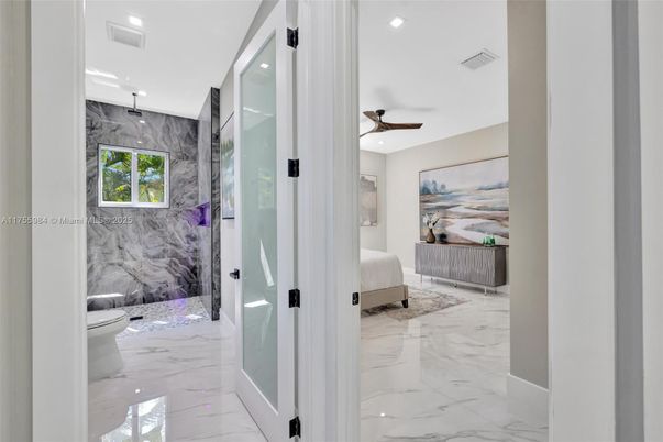 Bathroom, Bedroom, Glass Shower, Interior, Marble, Marble Walls, Recessed Lighting