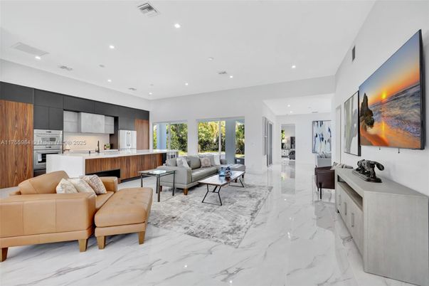 Interior, Kitchen, Living room, Marble, Recessed Lighting, Stainless Steel Appliances