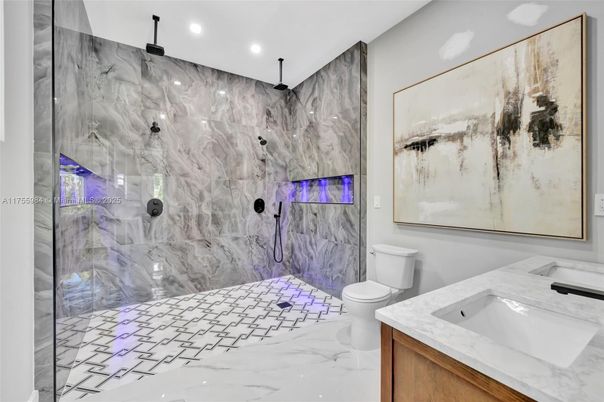 Bathroom, Glass Shower, Interior, Marble, Marble Walls, Recessed Lighting