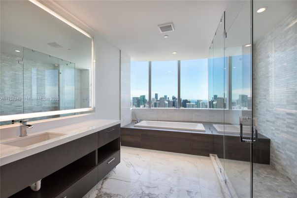 Bathroom, Dual Sink Vanities, Glass Shower, Interior, Marble, Recessed Lighting