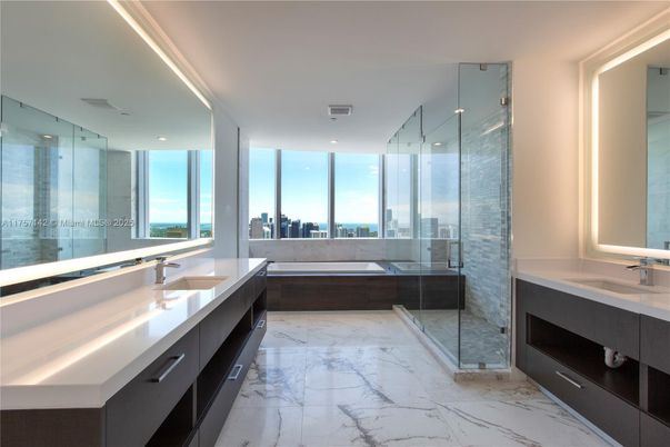 Bathroom, Dual Sink Vanities, Glass Shower, Interior, Marble, Recessed Lighting, Water
