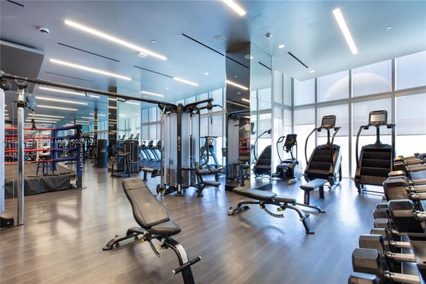 Fitness Equipment, Gym, Interior, Recessed Lighting, Wood Texture Flooring