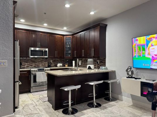 Interior, Kitchen, Marble, Recessed Lighting, Stainless Steel Appliances