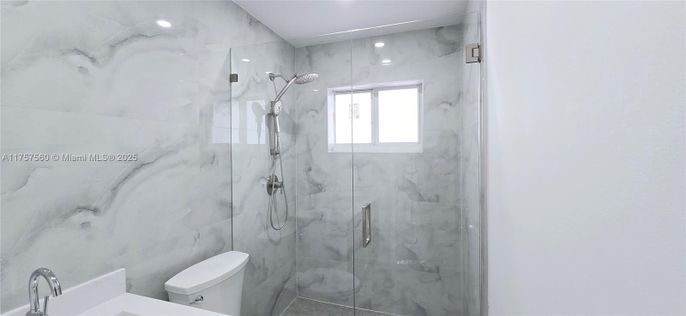 Bathroom, Glass Shower, Interior, Marble Walls, Recessed Lighting