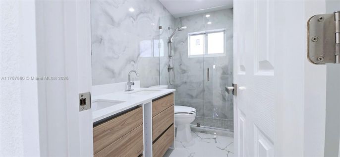 Bathroom, Glass Shower, Interior, Marble, Marble Walls, Recessed Lighting