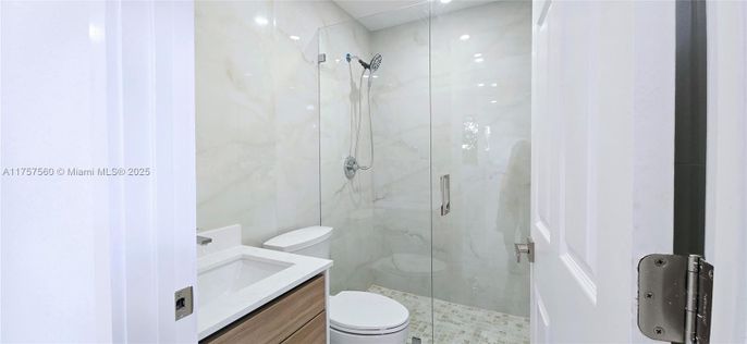 Bathroom, Glass Shower, Interior, Marble Walls, Recessed Lighting
