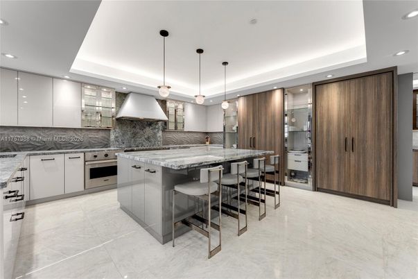Interior, Kitchen, Marble, Pendant Lights, Recessed Lighting, Stainless Steel Appliances