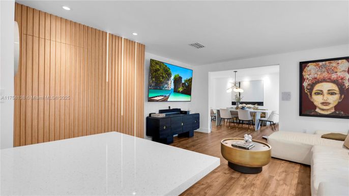 Dining room, Interior, Living room, Pendant Lights, Recessed Lighting, Wood Texture Flooring