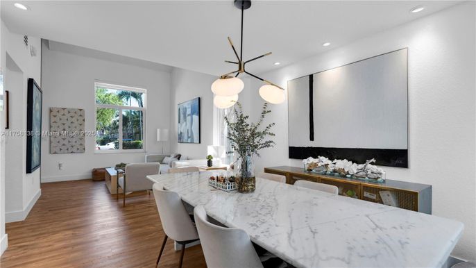 Dining room, Fireplace, Interior, Living room, Pendant Lights, Recessed Lighting, Wood Texture Flooring