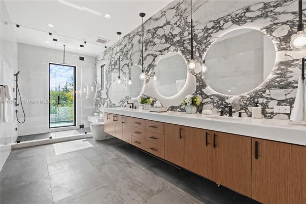 Bathroom, Dual Sink Vanities, Glass Shower, Interior, Pendant Lights, Recessed Lighting