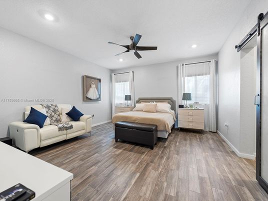 Bedroom, Interior, Recessed Lighting, Wood Texture Flooring
