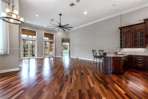 Interior, Kitchen, Pendant Lights, Recessed Lighting, Wood Texture Flooring