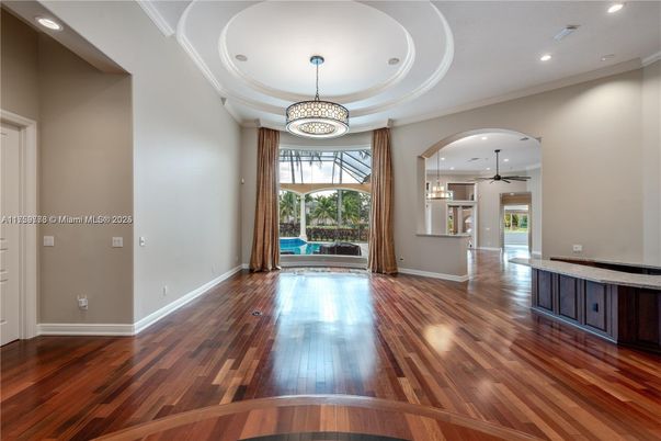 Empty room, Interior, Pendant Lights, Recessed Lighting, Wood Texture Flooring