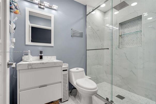 Bathroom, Glass Shower, Interior, Marble Walls, Recessed Lighting
