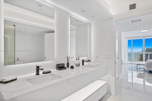 Bathroom, Dual Sink Vanities, Glass Shower, Interior, Marble, Recessed Lighting