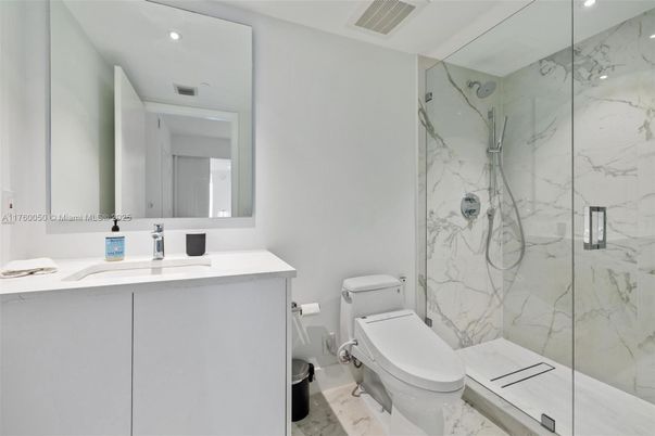Bathroom, Glass Shower, Interior, Marble, Marble Walls, Recessed Lighting