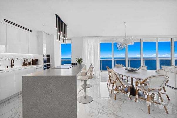 Dining room, Interior, Kitchen, Marble, Pendant Lights, Stainless Steel Appliances, Water