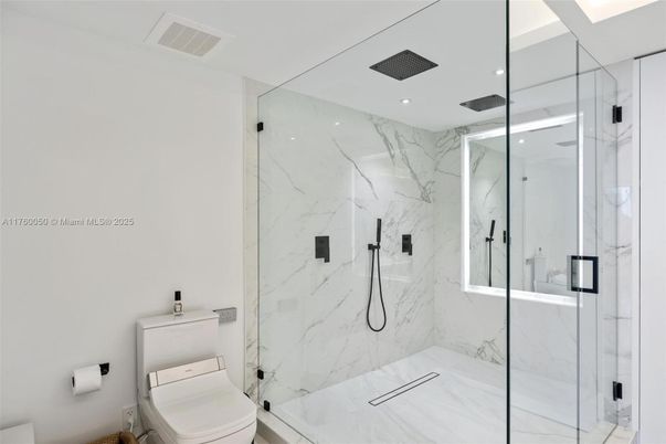 Bathroom, Glass Shower, Interior, Marble Walls, Recessed Lighting