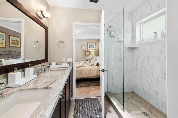 Bathroom, Bedroom, Dual Sink Vanities, Glass Shower, Interior, Marble Walls