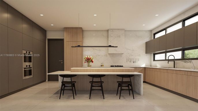 Interior, Kitchen, Marble Walls, Recessed Lighting, Stainless Steel Appliances