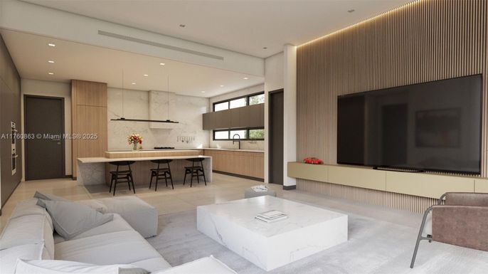 Interior, Kitchen, Living room, Marble Walls, Pendant Lights, Recessed Lighting