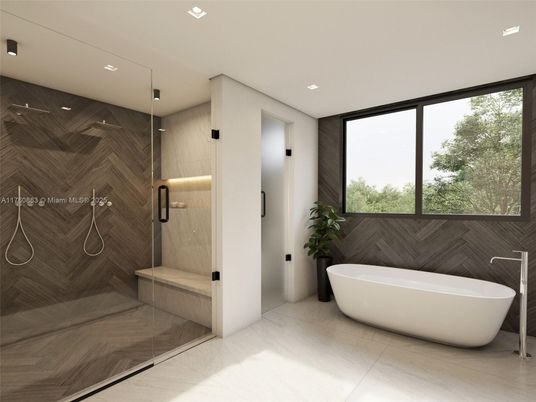 Bathroom, Free Standing Baths, Glass Shower, Interior, Marble Walls, Recessed Lighting