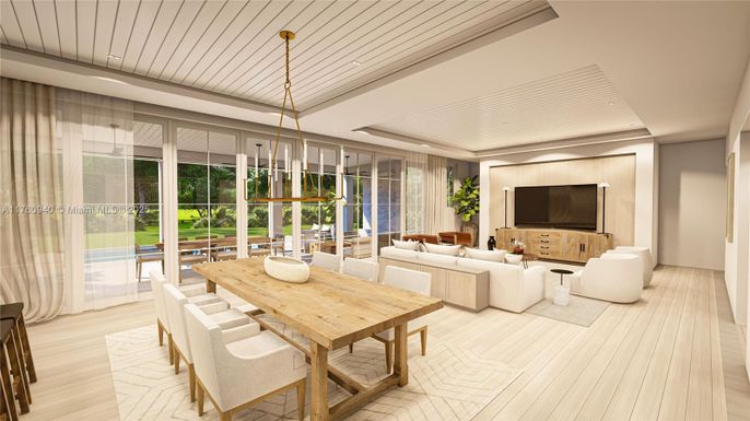 Dining room, Interior, Living room, Pendant Lights, Wood Texture Flooring