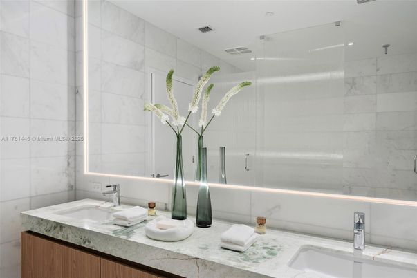Bathroom, Glass Shower, Interior, Marble Walls, Recessed Lighting