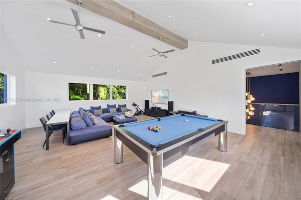 Billiard Table, Game Room, Interior, Living room, Pendant Lights, Recessed Lighting, Wooden Beams, Wood Texture Flooring