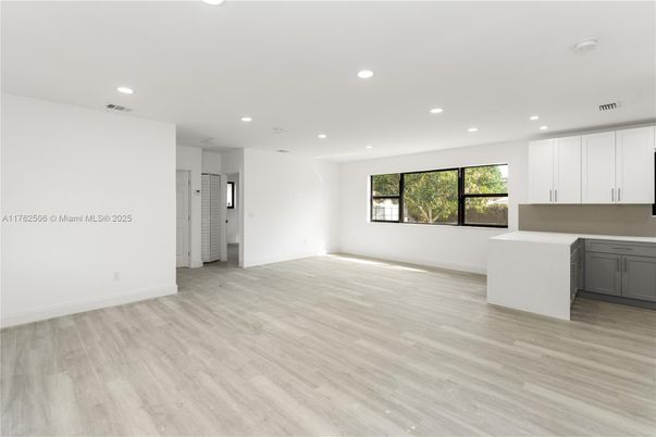 Empty room, Interior, Kitchen, Recessed Lighting, Wood Texture Flooring