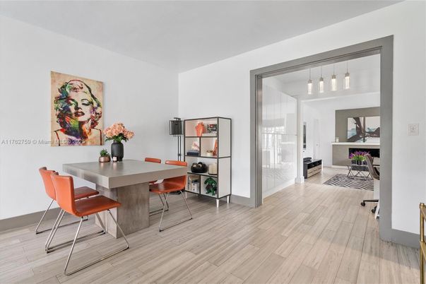 Dining room, Interior, Pendant Lights, Wood Texture Flooring