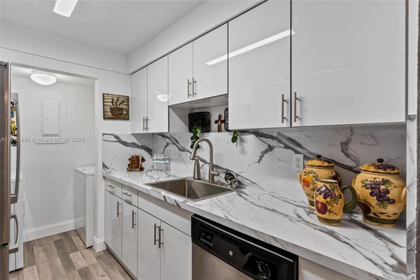 Interior, Kitchen, Marble Walls, Wood Texture Flooring